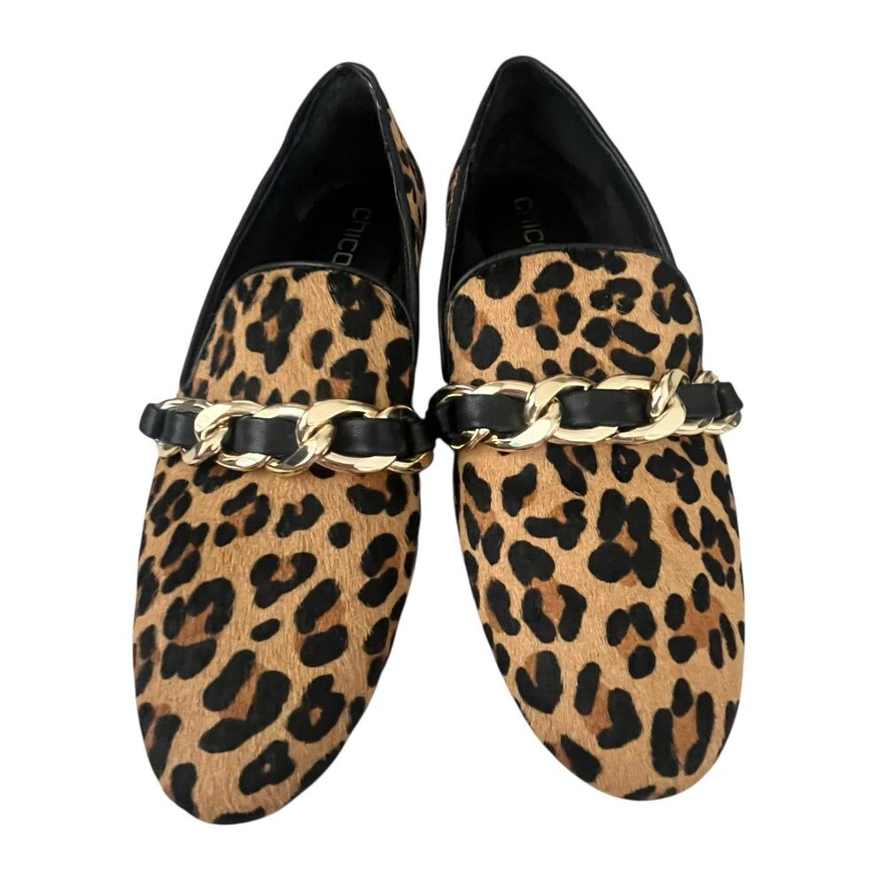 Chico’s Loafer Women’s Size 7 M Calf Hair Leather Leopard Print Gold Tone Chain